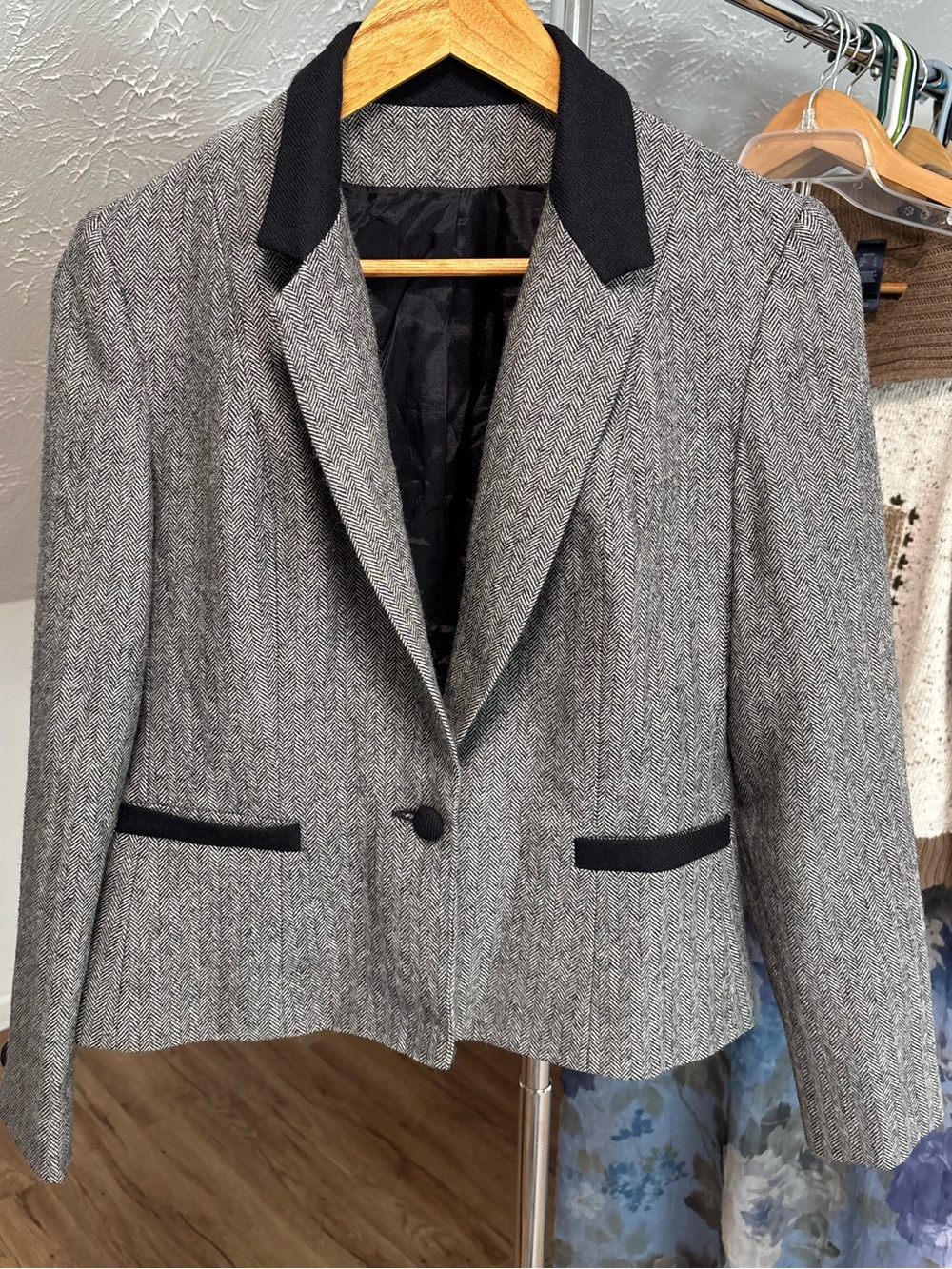 Vintage 80s wool herringbone single breasted blazer, De Antone size 8